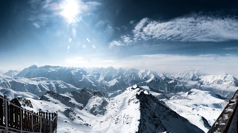 view of french alps in midday sun, sun, view, mountains, terrace, winter, HD wallpaper
