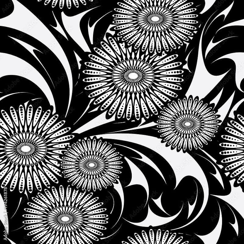 Modern flowers vector seamless pattern. Black and white floral background with abstract flowers, leaves and hand drawn vintage ornaments. Isolated design for fabric, textile, prints, cards Stock Vector. Adobe Stock, HD phone wallpaper