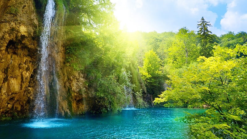 Waterfall, deep forest, sunlights, trees, lake, HD wallpaper