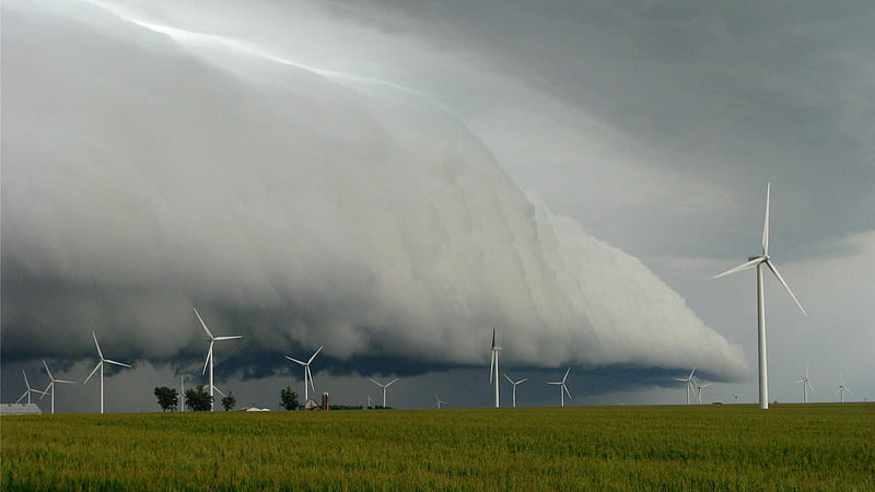 fantastic storm clouds over windmills on farmland, turbines, windmills, farms, fields, clouds, storm, HD wallpaper