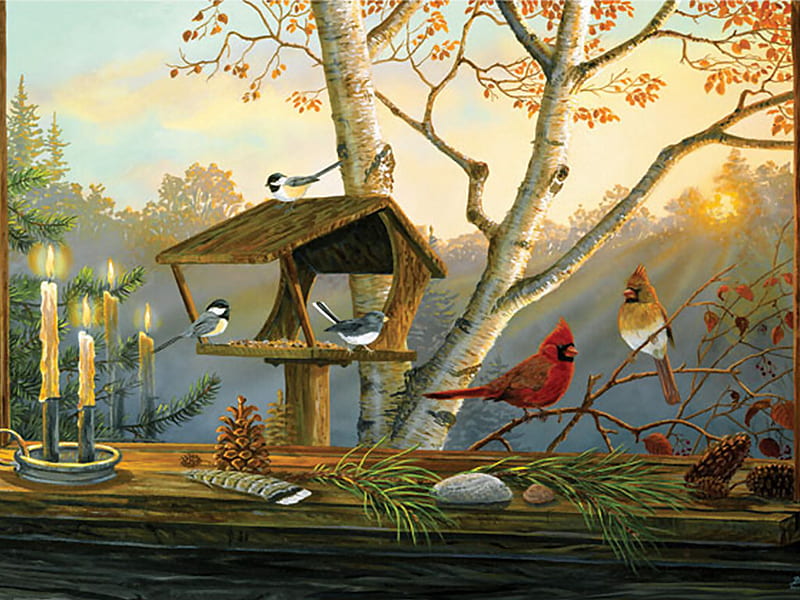 Evening Gathering F5mp, art, feeder, doughty, birds, trees, candles, chickadee, painting, terry doughty, junco, evening, scenery, cardinal, HD wallpaper