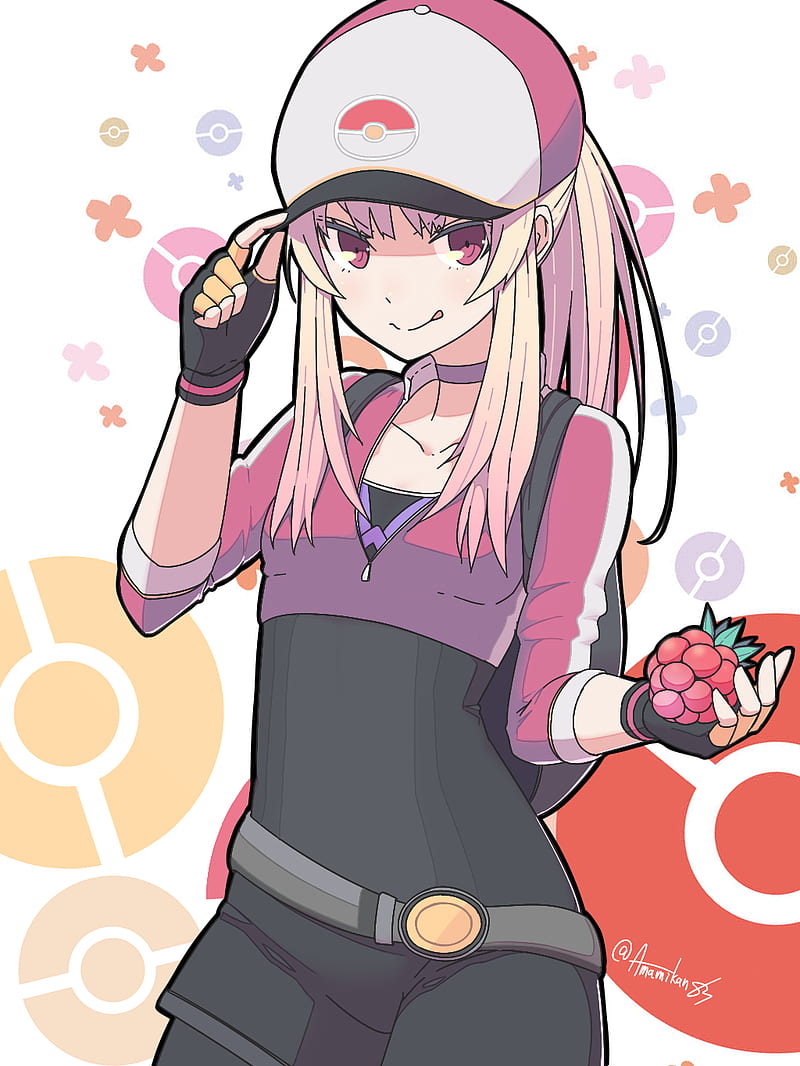 anime, anime girls, Pokémon, Pokemon Go, Pokémon trainers, long hair, fruit, blonde, baseball caps, red eyes, portrait display, HD phone wallpaper