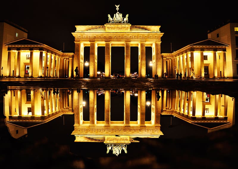 Night, Berlin, Monuments, Reflection, Light, Monument, Germany, , Brandenburg Gate, HD wallpaper