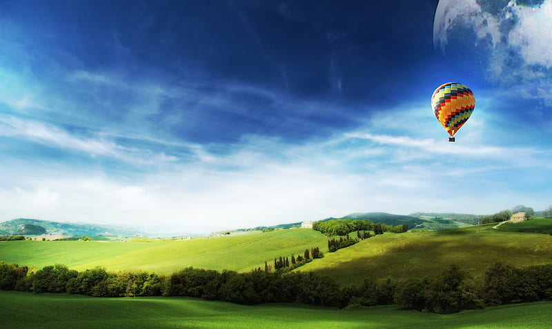 Baloon, grass, colors, clouds, sky, field, HD wallpaper | Peakpx