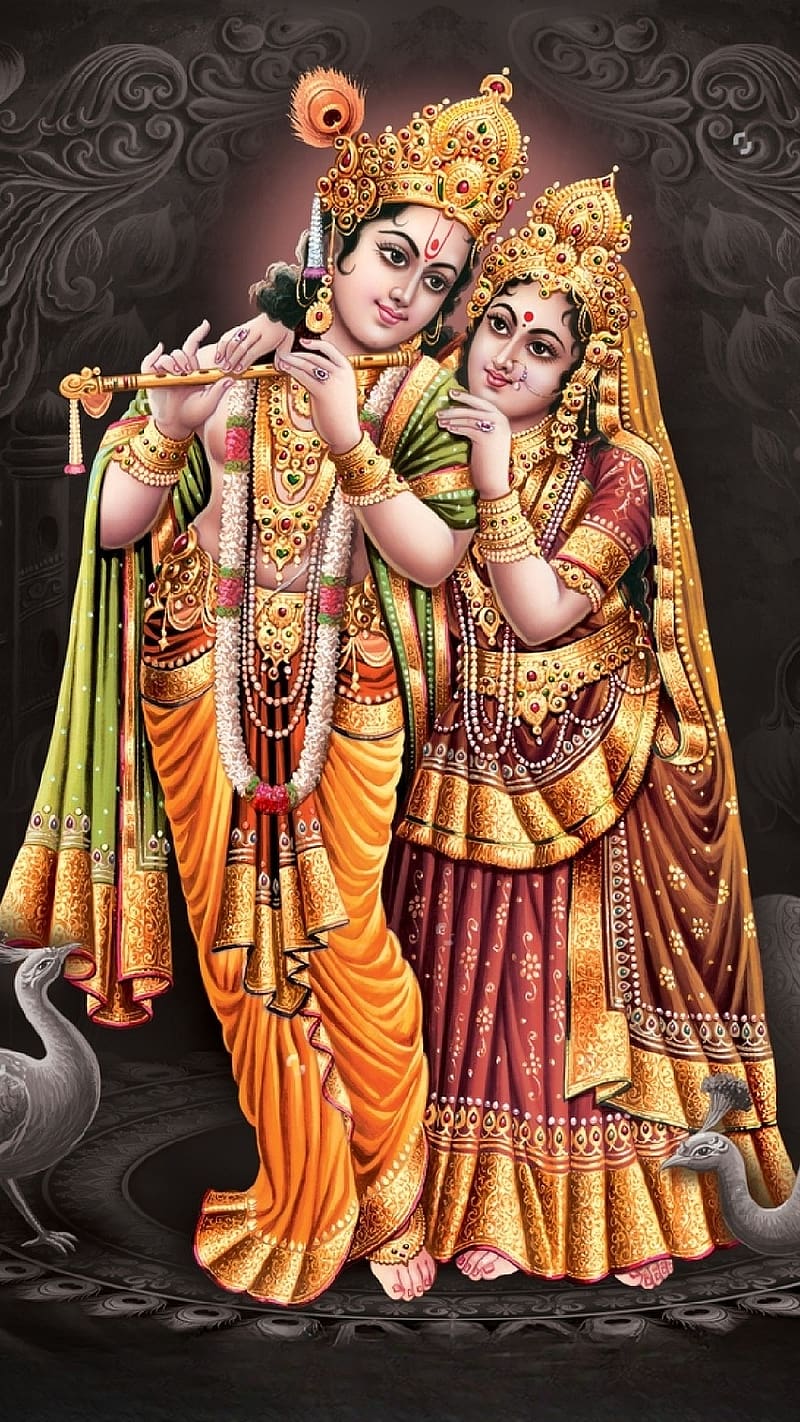 Radhe Krishna , Golden Dress, radha krishna in golden dress, lord, god, HD phone wallpaper