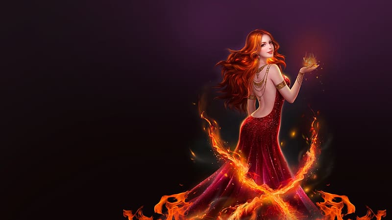 Sorceress Frumusete Black Fantasy Redhead Jing Jing Cha Hua Fire Orange Hd Wallpaper