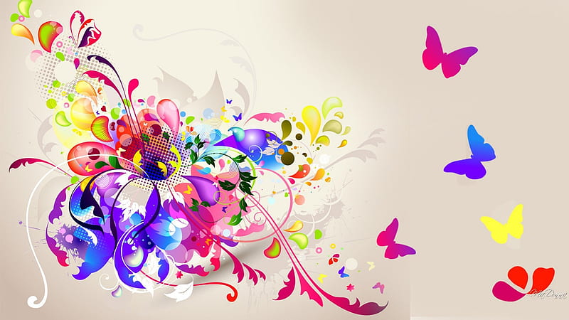 Utopia Bright, colorful, bright, flowers, colors, butterflies, vector, HD wallpaper