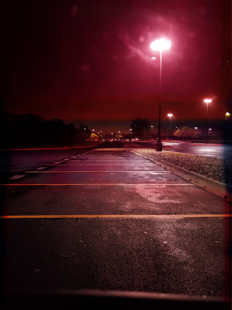 Parking Lot Glow, night, parking lot, pink, red, road, HD phone wallpaper