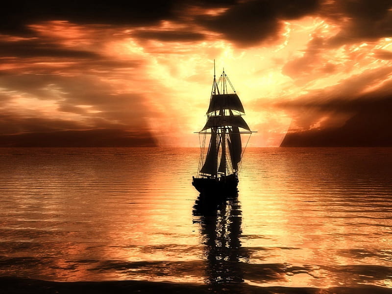 Sailing into the sun, sun, mast, sunset, clouds, nice, boat, gold,  splendor, HD wallpaper | Peakpx