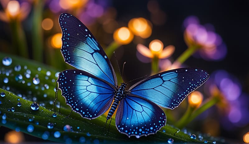 Blue butterfly, novenyzet, pillango, szarnyak, levelek, kek pillango, makro, harmatcseppek, kozelkep, HD wallpaper