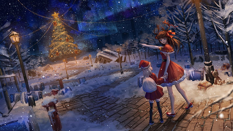 anime christmas 2018, santa clothes, tree, snow, scenic, Anime, HD wallpaper