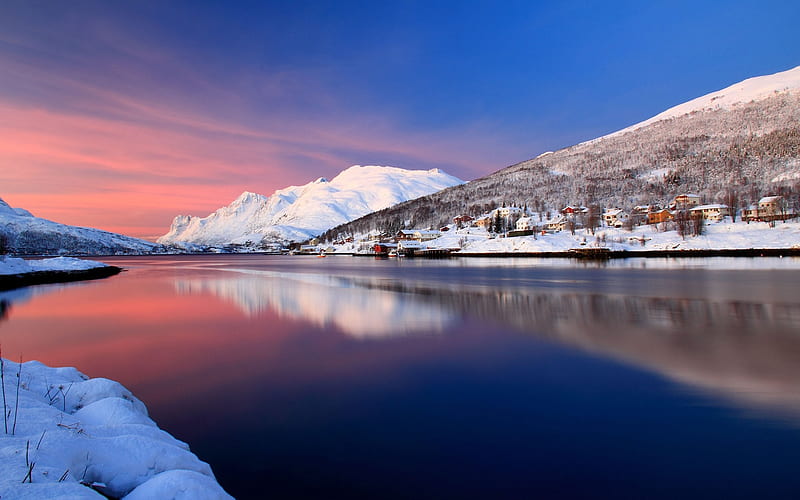 Hometown silent river mountains snow-Nature scenery, HD wallpaper