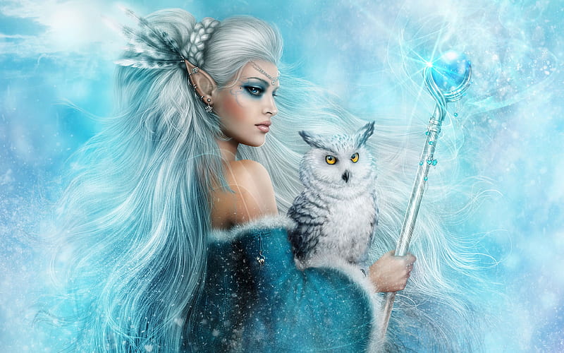 art, fantasy, girl, elf, white owl, HD wallpaper