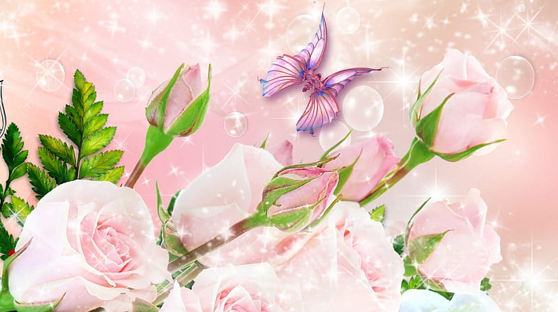 Roses For You, stars, glow, pale, shine, spring, roses, buds, jewelry, butterfly, summer, bubbles, flowers, pink, HD wallpaper