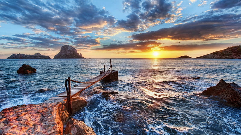 Pier at Sunset in Ibiza with the Balearic Islands, islands, ocean, pier, nature, sunset, clouds, sea, ibiza, HD wallpaper