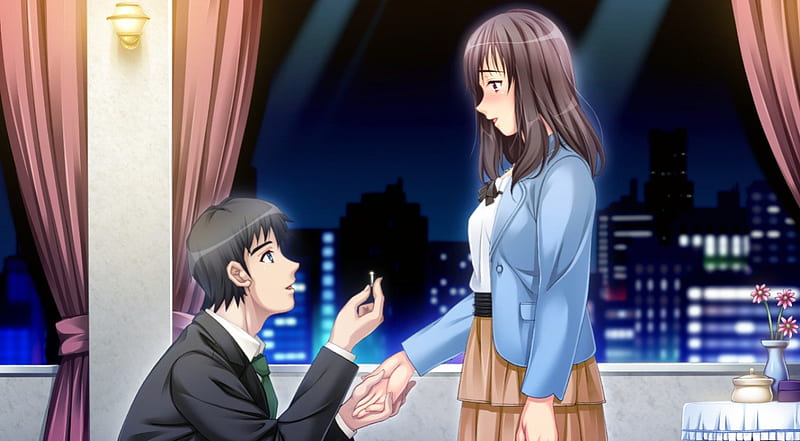 Will You Marry Me, house, blush, blose, curtain, sweet, love, anime, handsome, beauty, anime girl, long hair, romance, skirt, black, sexy, happy, short hair, cute, jacket, lover, guy, shy, home, bonito, proposal, elegant, hot, couple, gorgeous, night, female, male, window, romantic, brown hair, smile, boy, girl, ring, HD wallpaper