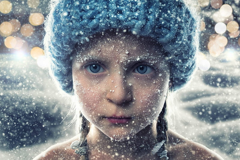 Just a little blizzard, winter, hat, girl, snow, copil, child, face, john wilhelm blue, HD wallpaper