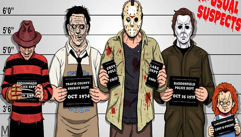 Who committed the crime?, chucky, michael myers, jason, leatherface, frddy, HD wallpaper