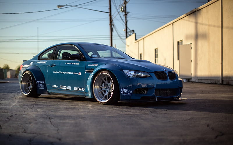 BMW M3, E92, tuning, blue BMW M3 blue, drift, HD wallpaper