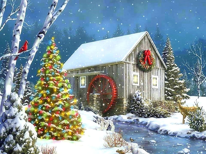 In the Snowy, holidays, Christmas Tree, wreathes, love four seasons, attractions in dreams, xmas and new year, winter, cardinals, paintings, snow, winter holidays, nature, streams, barns, HD wallpaper