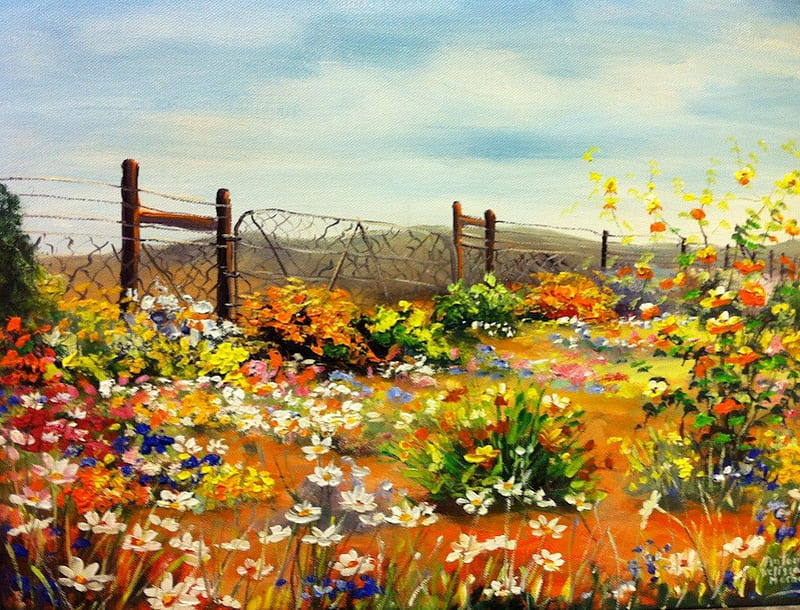 SPRINGTIME GLORY, artwork, karoo, daisies, farmland, fences, mountains, cape, painting, flowers, horizons, HD wallpaper
