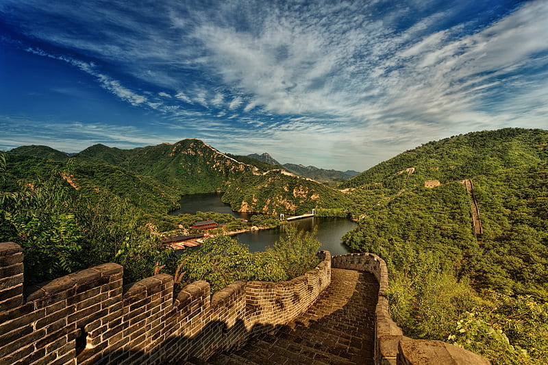 great wall of china, lake, mountains, landscape, china, HD wallpaper
