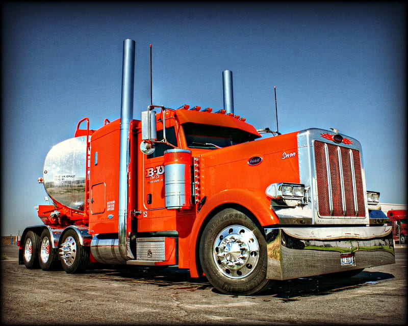 Orange Peterbilt, rig, truck, pete, semi, HD wallpaper
