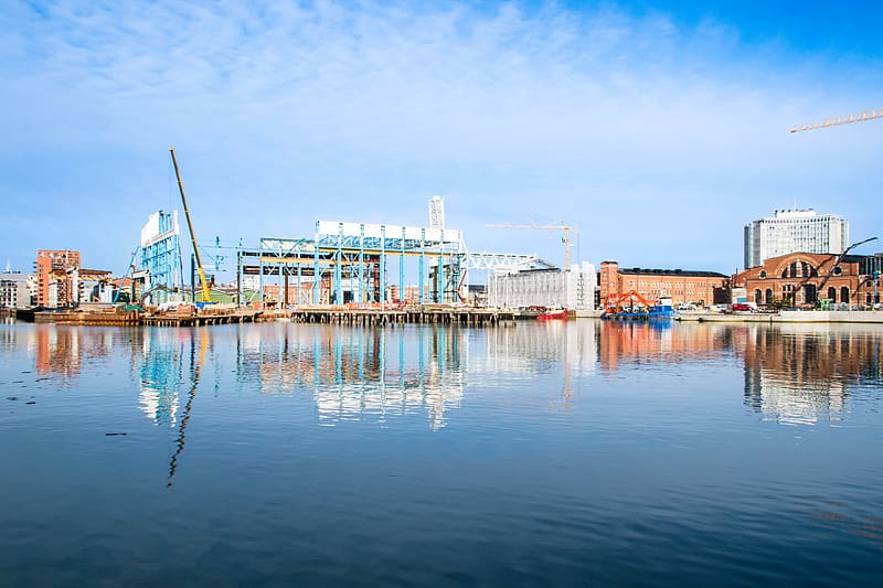 port, sea, buildings, construction crane, HD wallpaper