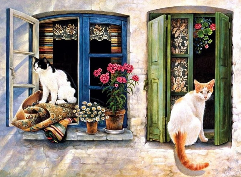 Cats, windows, painting, flowers, kitties, artwork, HD wallpaper | Peakpx