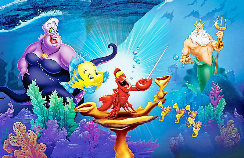 The Little Mermaid, The Little Mermaid (1989), Flounder (The Little Mermaid), King Triton, Merman, Sebastian (The Little Mermaid), Ursula (The Little Mermaid), HD wallpaper