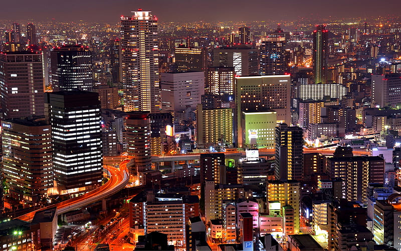 Osaka, nightscape, roads, modern buildings, japan, Asia, HD wallpaper