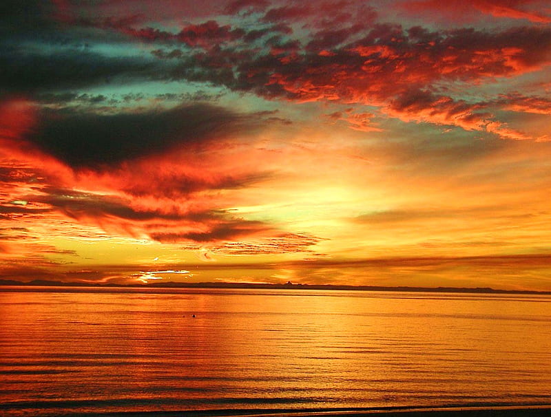 Australian fire, gold, calm, australia, sunset, clouds, lake, HD wallpaper
