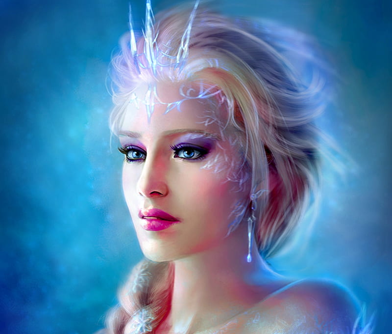 Elsa, fanart, luminos, queen, fantasy, snow, gothic-icecream, beauty, face, white, princess, disney, blue, HD wallpaper