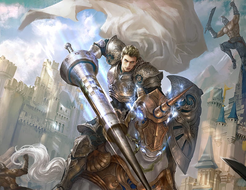 Knight, ling lin, fantasy, shield, man, horse, white, blue, HD wallpaper