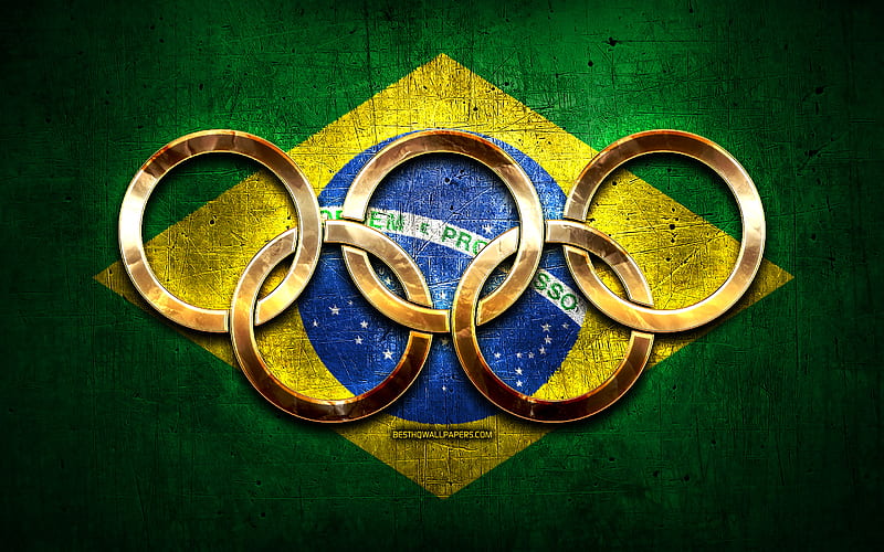 Brazilian olympic team, golden olympic rings, Brazil at the Olympics, creative, Brazilian flag, metal background, Brazil Olympic Team, flag of Brazil, HD wallpaper