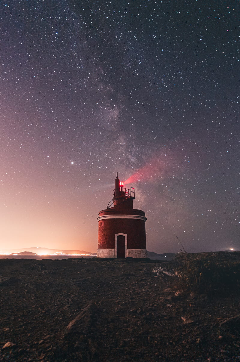 lighthouse, building, starry sky, stars, night, HD phone wallpaper