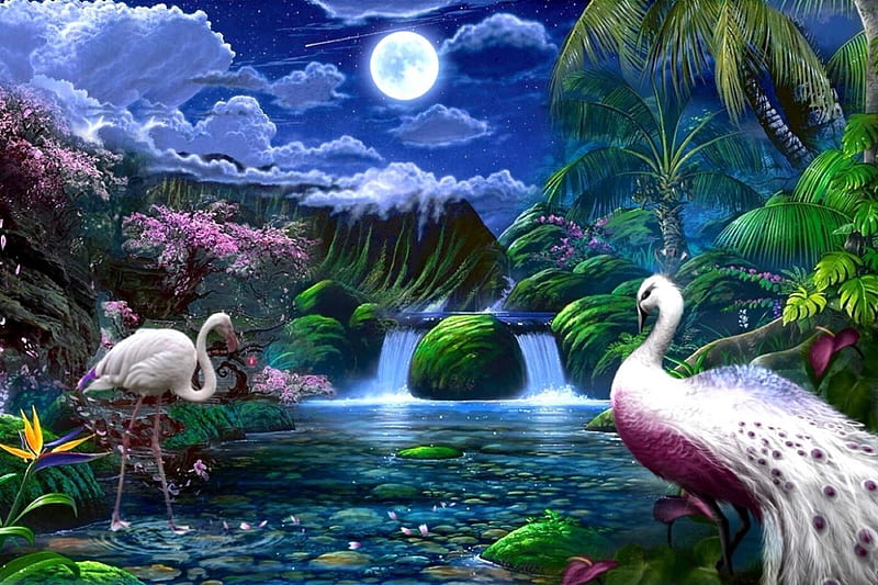 Flamingo Paradise, scenic, colors, birds, bonito, Fantasy, flamingos, moon, paradise, Digital, waterfall, Magical, nature, HD wallpaper