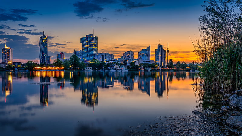 buildings, city, river, reflection, evening, HD wallpaper