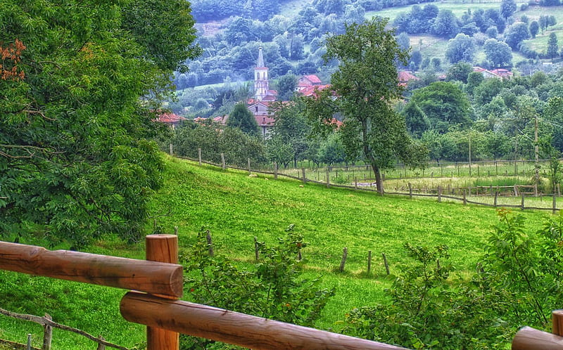 Lovely Countryside, fence, grass, mountains, post, church, trees, landscape, HD wallpaper