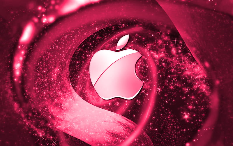 Apple pink logo, space, creative, Apple, stars, Apple logo, digital art, pink background, HD wallpaper