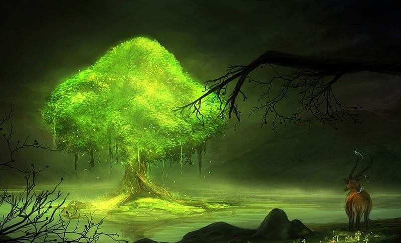 Glowing tree, world, art, luminos, glowing, tree, fantasy, green, goat,  magical, HD wallpaper