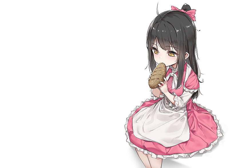 anime girl, cute, eating a bread, loli, apron, black hair, Anime, HD wallpaper