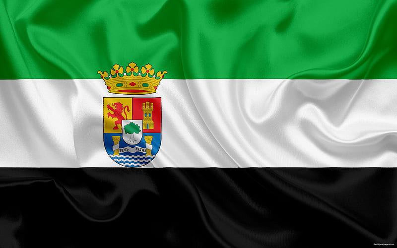 Flag of Extremadura, autonomous community, province, Extremadura, Spain, silk flag, Extremadura coat of arms, HD wallpaper