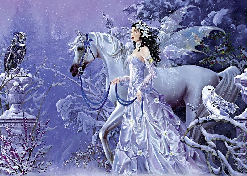 Winter fairy, owl, art, luminos, horse, iarna, winter, bufnita, fantasy, bird, girl, pasari, white, fairy, blue, HD wallpaper