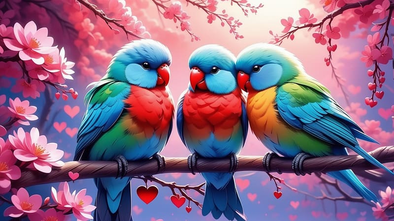 Colorful parrots on a branch, rozsaszin viragok, tavasz, termeszet, szines madarak, szines tollazat, csor, viragzas, papagajok, HD wallpaper