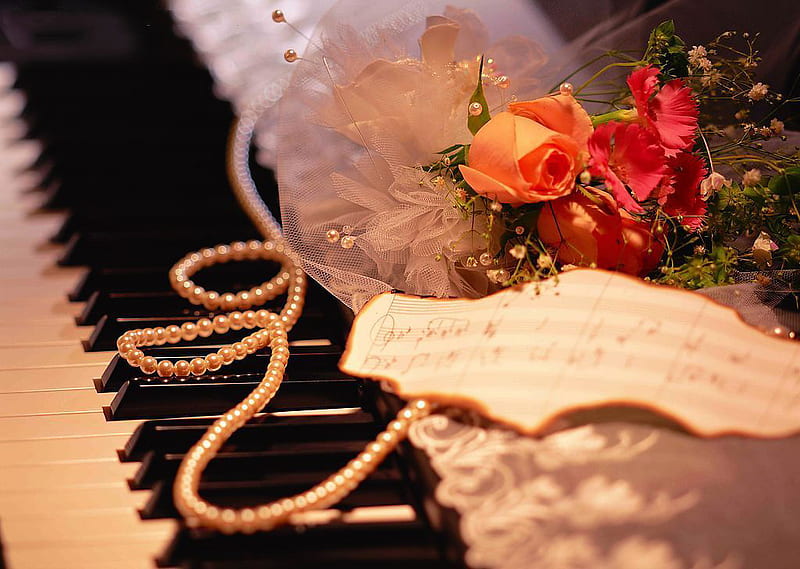 Pearl Rose, pearl, rose, music, flowers, sheet, piano, HD wallpaper
