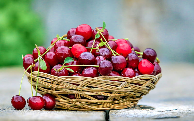 cherry, berries, basket with cherries, red berries, fruits, summer, HD wallpaper