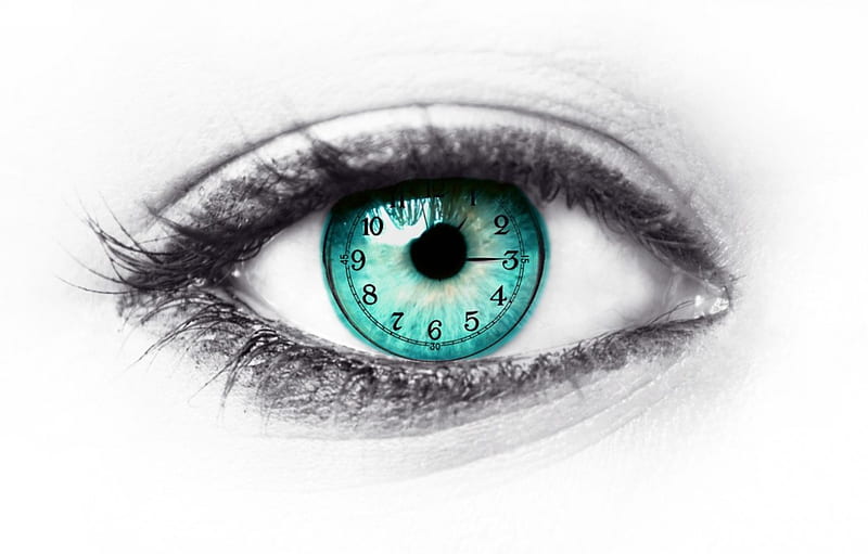 Eye to passing time, clock time, abstract, eye, two colors, HD wallpaper