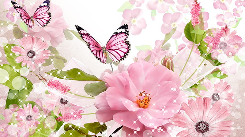 Wild Roses and Butterflies, butterflies, spring, floral, sparkles, leaves, wild roses, summer, flowers, pink, HD wallpaper