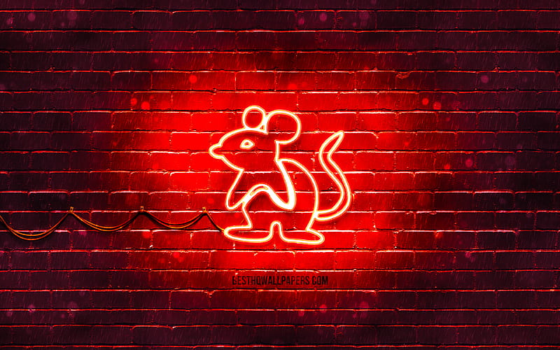 Rat neon sign chinese zodiac, red brickwall, Rat zodiac, animals signs, Chinese calendar, creative, Rat zodiac sign, Chinese Zodiac Signs, Rat, HD wallpaper